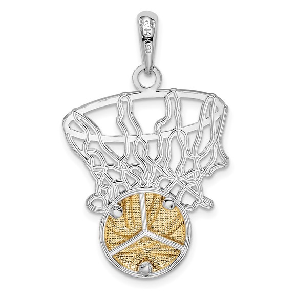 925 Sterling Silver Sports Net w 14k Yellow Gold Basketball Necklace Pendant - Picture 4 of 5